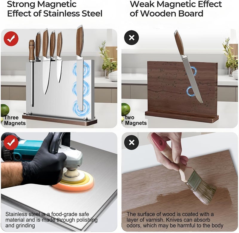 fomidao Magnetic Knife Holder Stand,Stainless Steel Magnetic Knife Block Without Knives,Power Magnetic Knife Rack Strip,Double Sided Magnet Knife Storage Organizer - Image 4